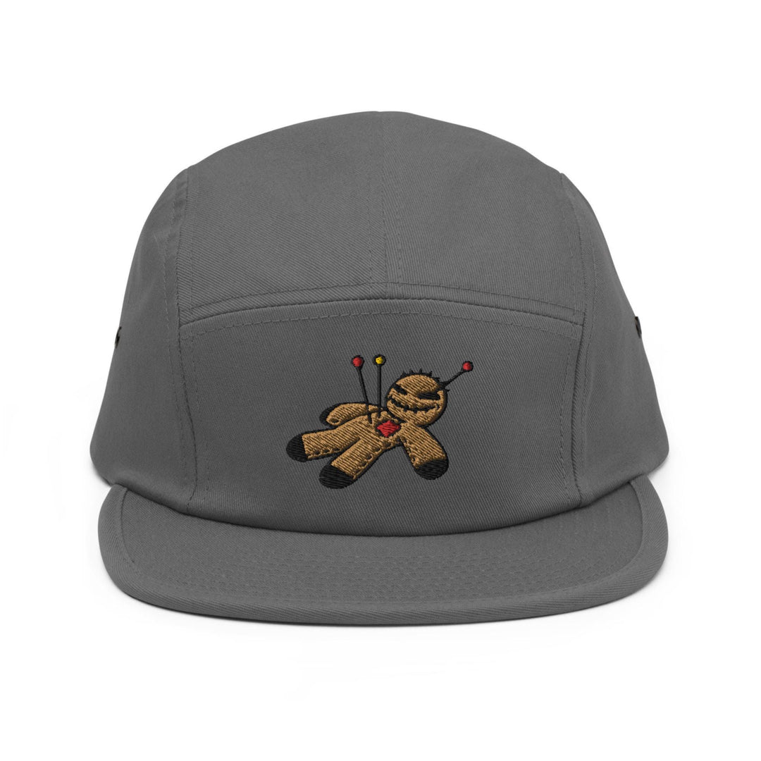 a gray hat with a teddy bear embroidered on it