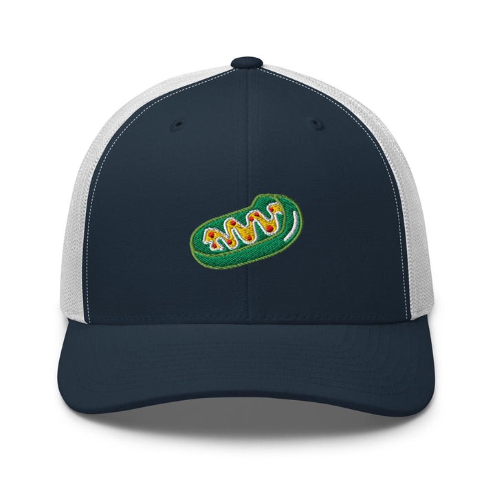 a navy and white trucker hat with a green and white logo