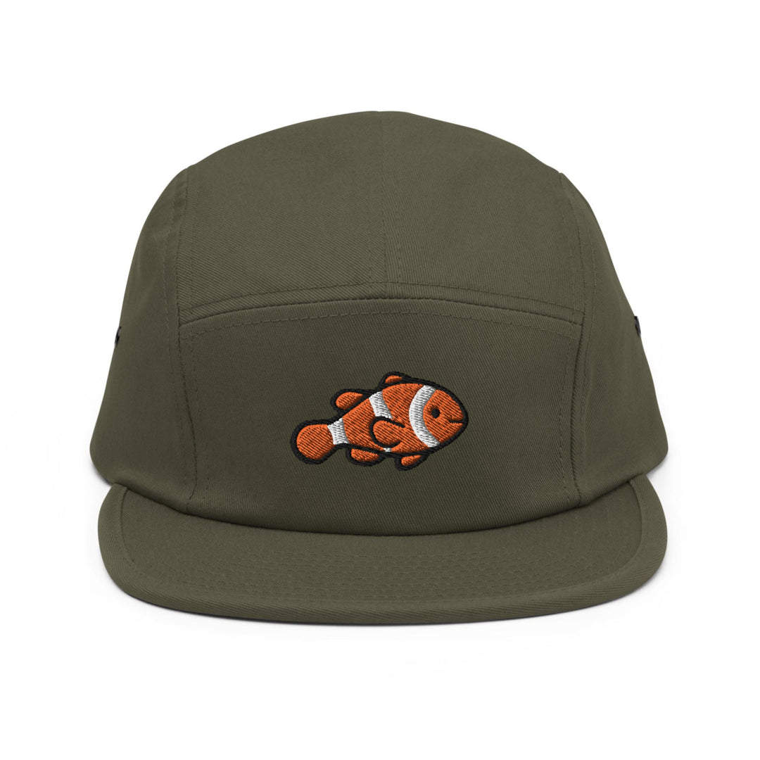 a green hat with an orange clown fish embroidered on it