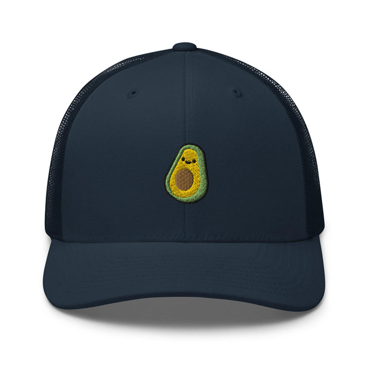 a trucker hat with an avocado embroidered on the front