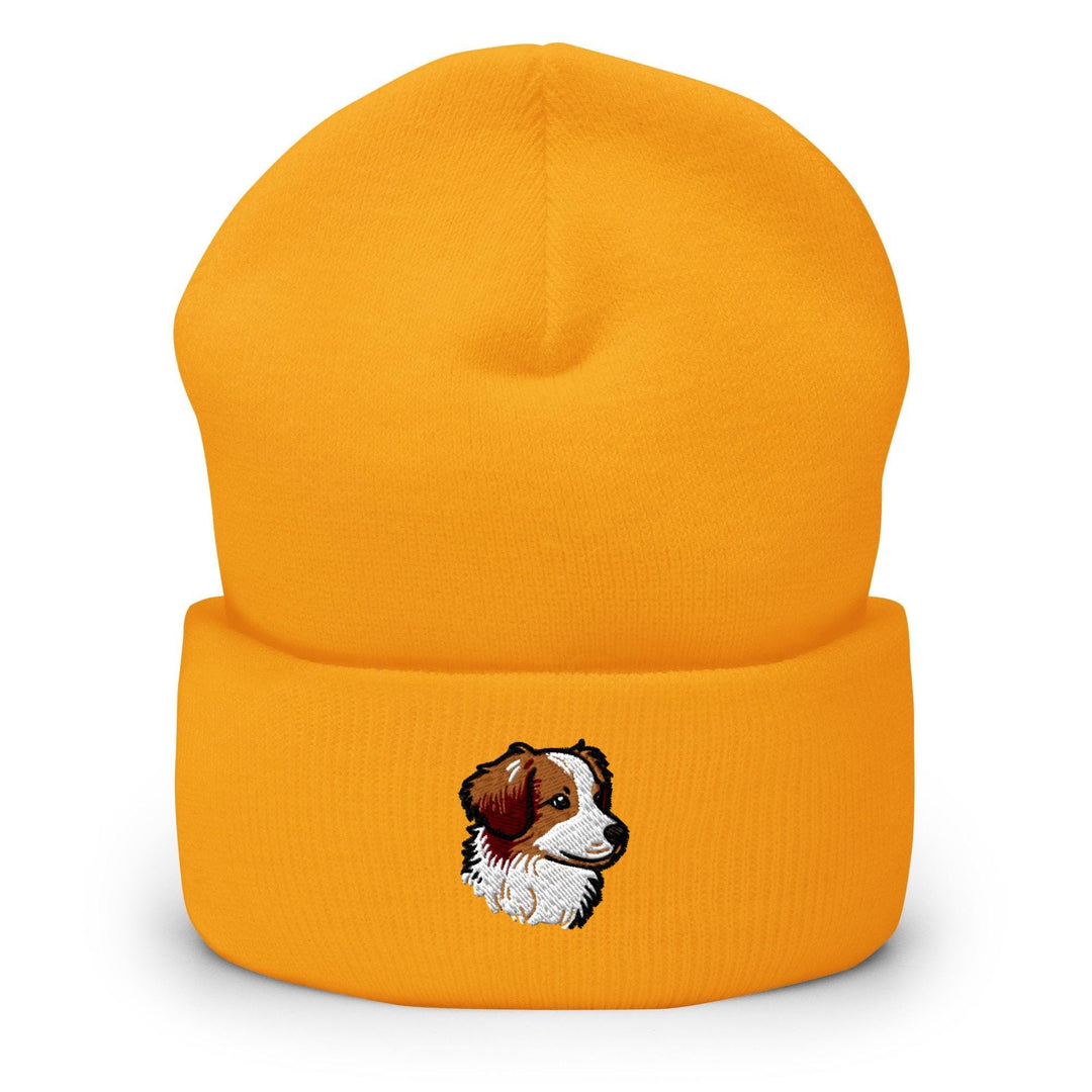 a yellow beanie with a picture of a dog on it