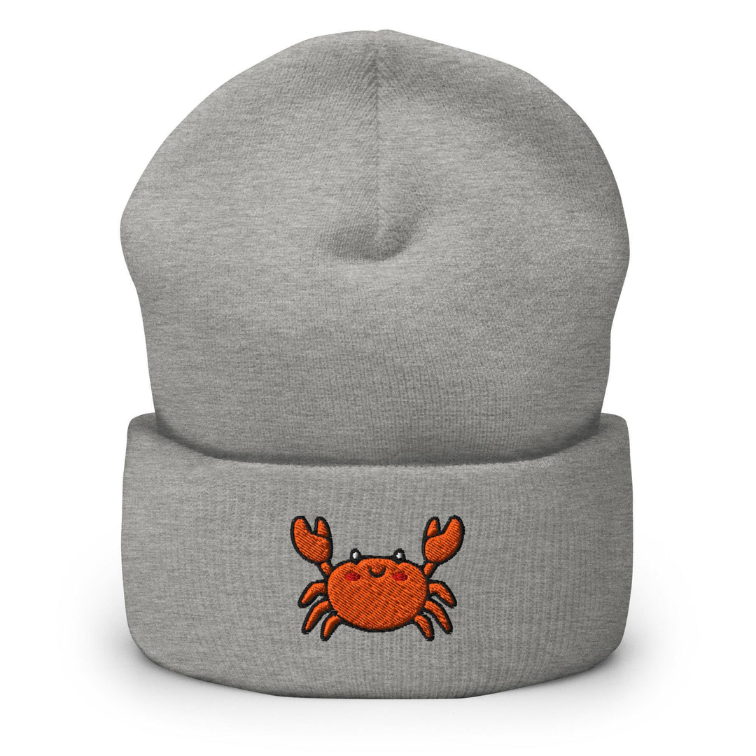 a gray beanie with an orange crab embroidered on it