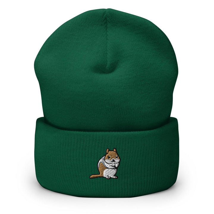 a green beanie with a picture of a cat on it