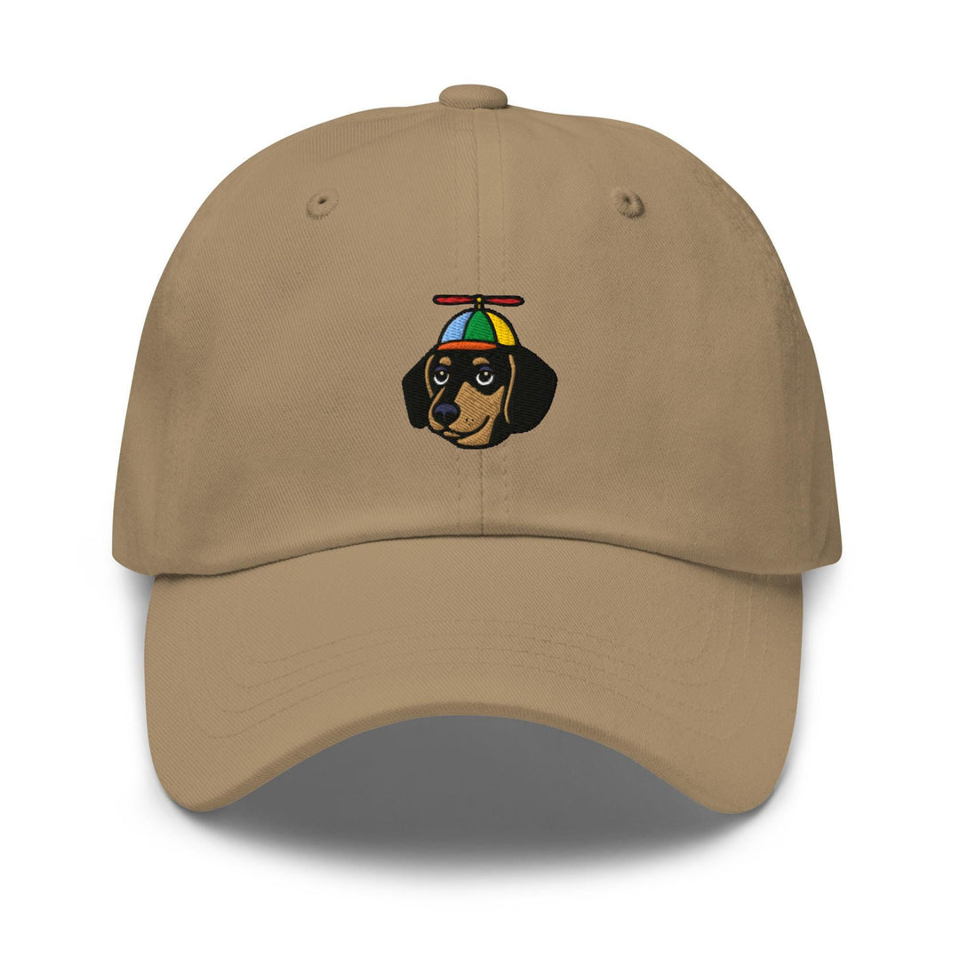 a tan hat with a dog&#39;s head on it