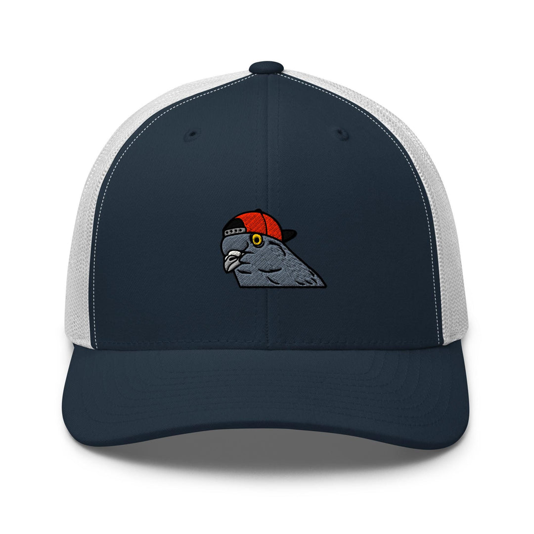 a blue and white trucker hat with an image of a parrot wearing a red