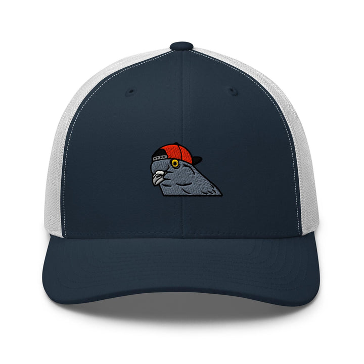 a blue and white trucker hat with an image of a parrot wearing a red