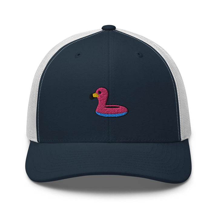 a blue hat with a pink flamingo on it