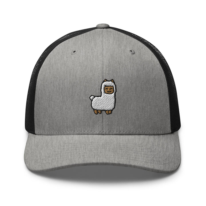 a gray and black trucker hat with a cartoon llama on it