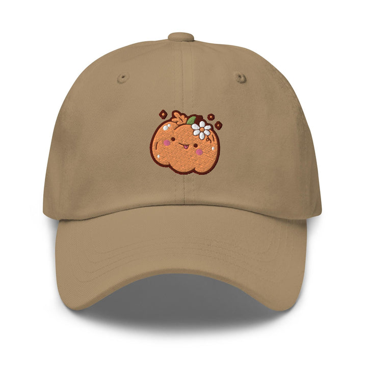a baseball cap with a picture of a pumpkin on it