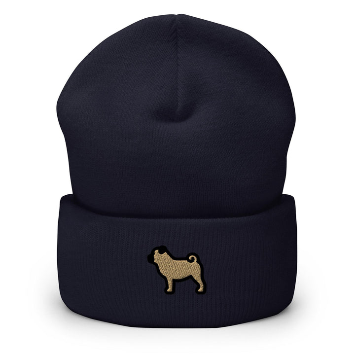 a black beanie with a gold dog on it