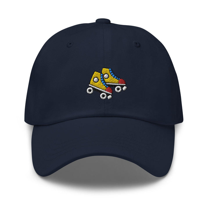 a blue hat with a yellow and red skateboard on it