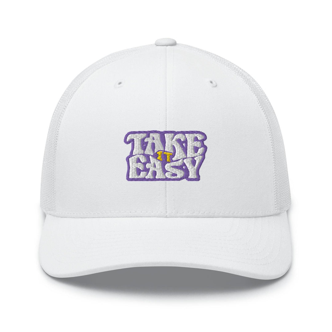 a white hat with the words take easy on it