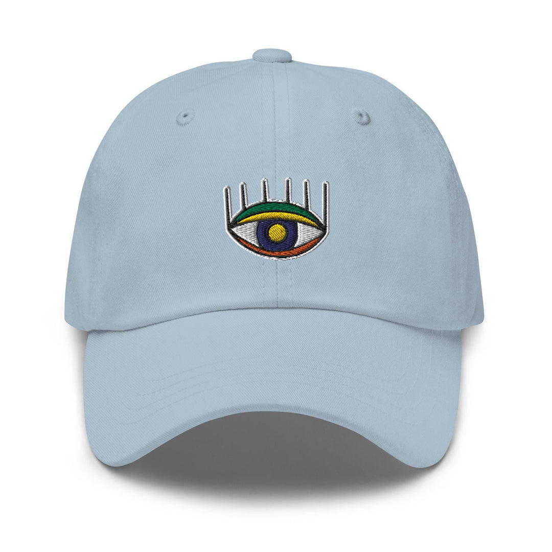 a light blue hat with a picture of an eye on it