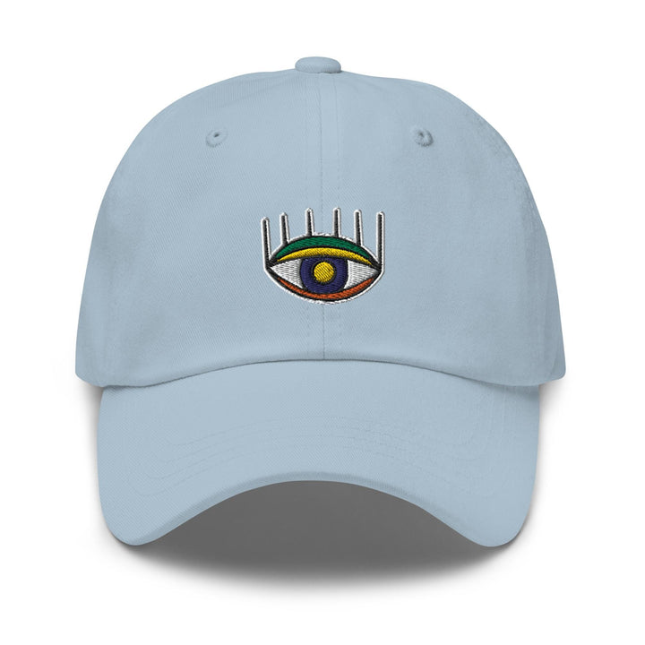 a light blue hat with a picture of an eye on it