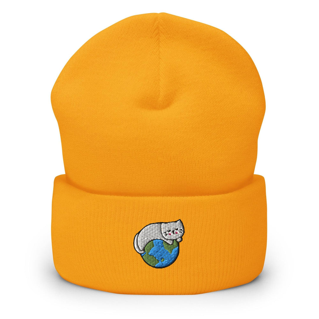 a yellow hat with a cat on it