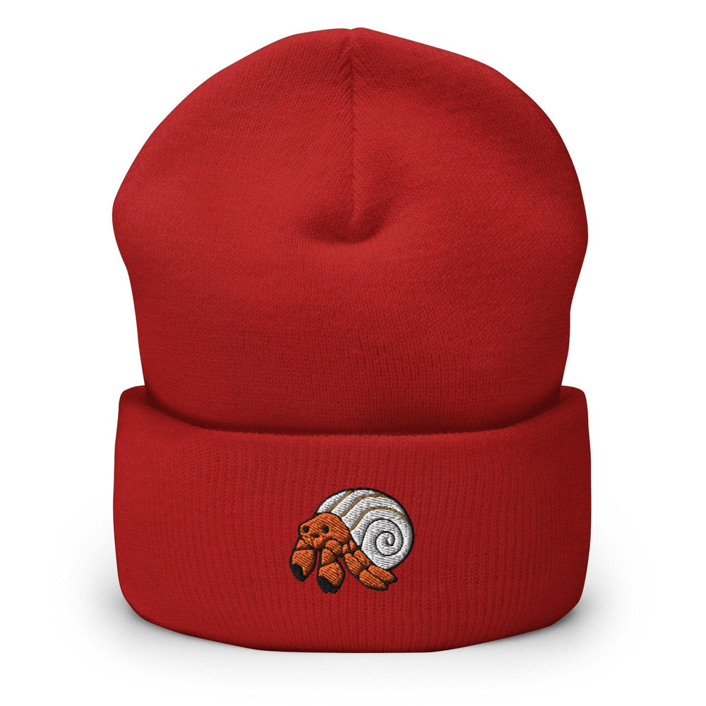a red beanie with a picture of a snail on it