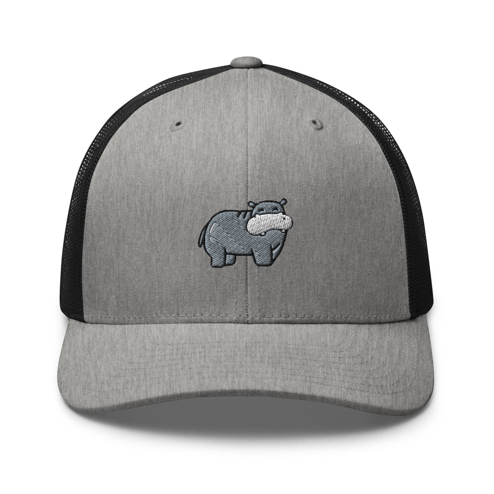 a gray and black hat with a hippo on it