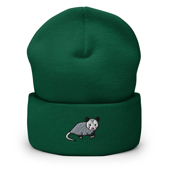 a green beanie with a rat on it