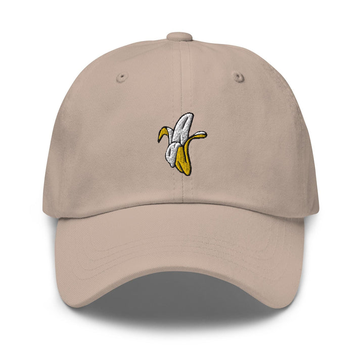 a baseball cap with a banana embroidered on it