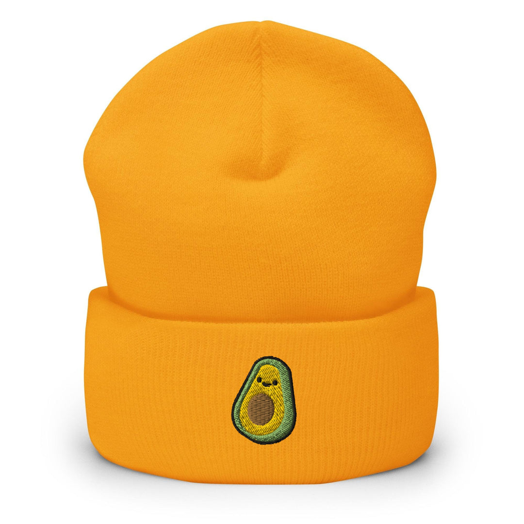 an orange beanie with an avocado embroidered on it
