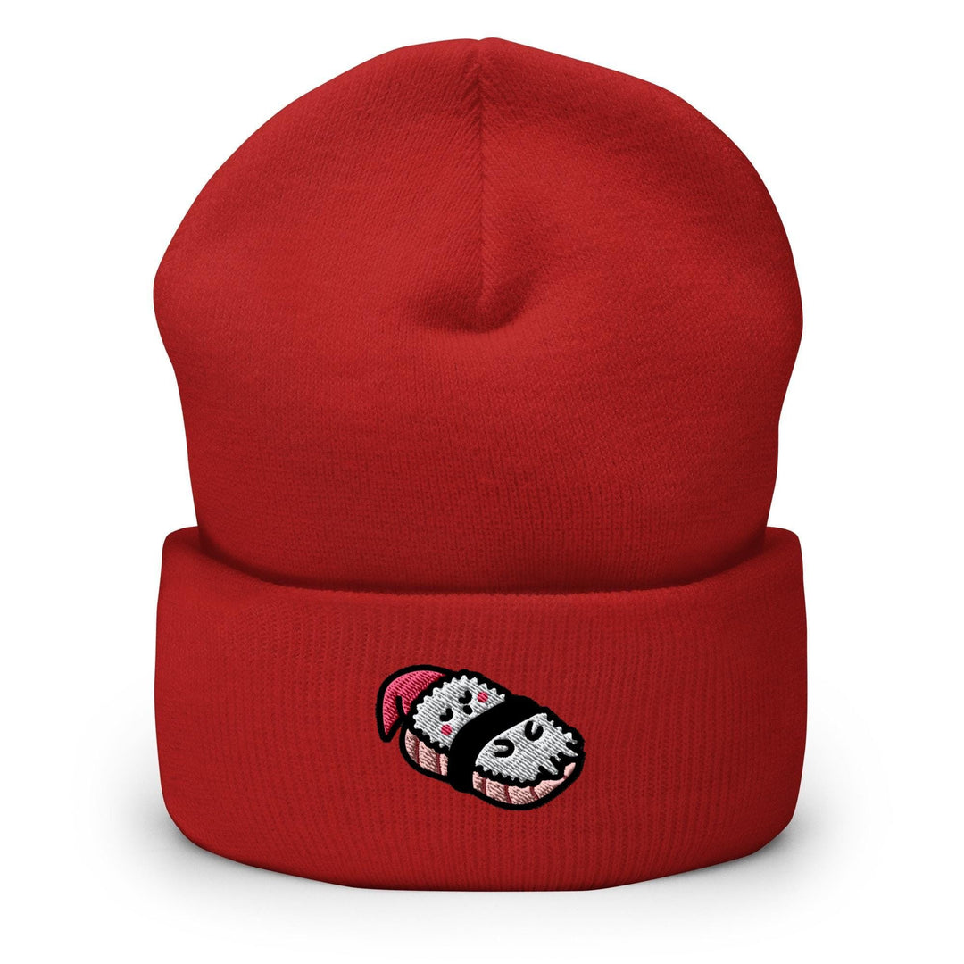 a red beanie with a cartoon character on it