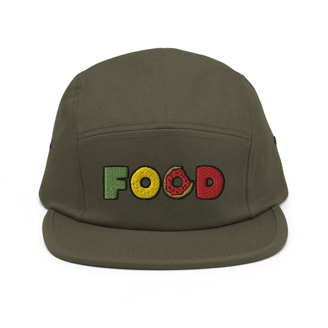 a green hat with the word food embroidered on it