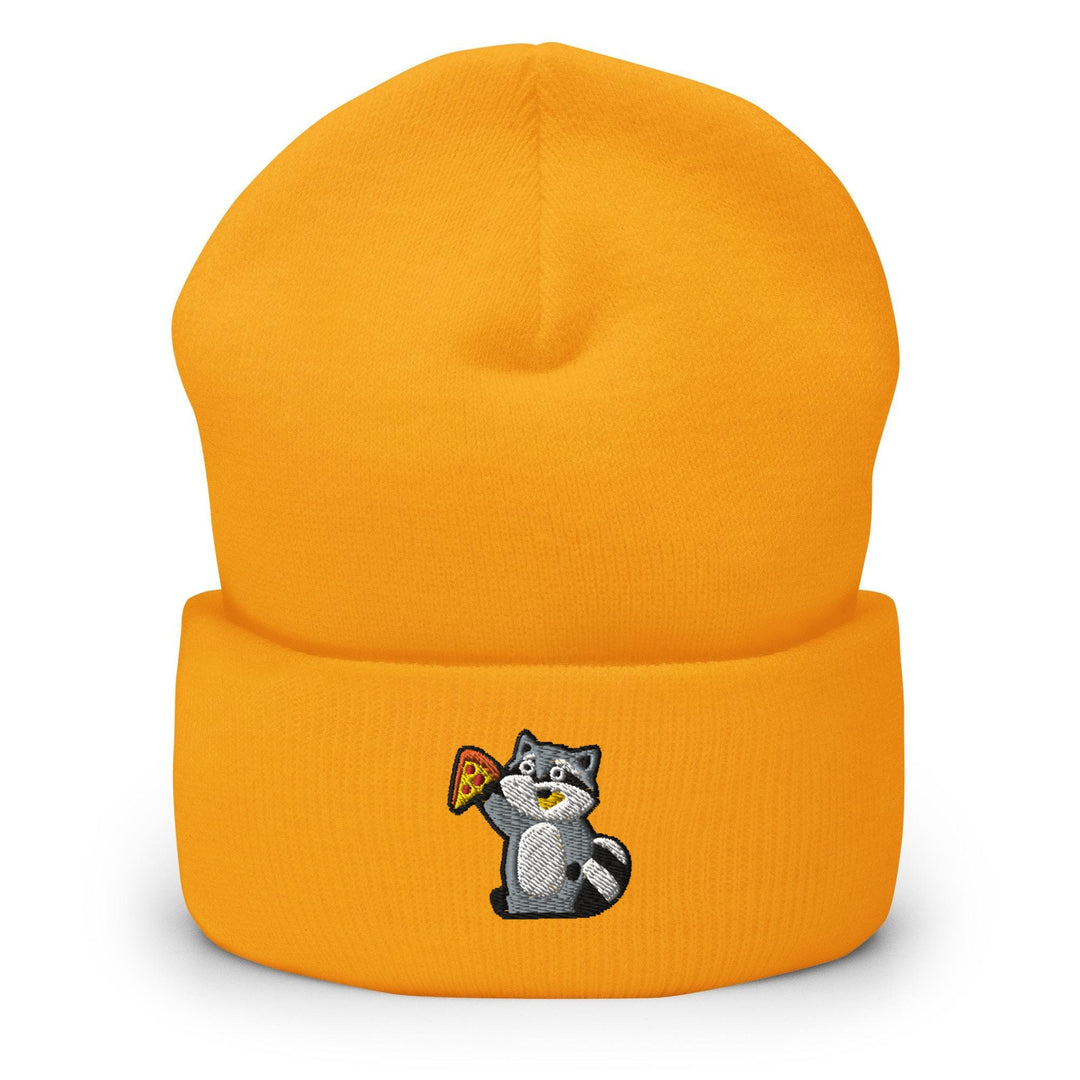 a yellow hat with a raccoon on it