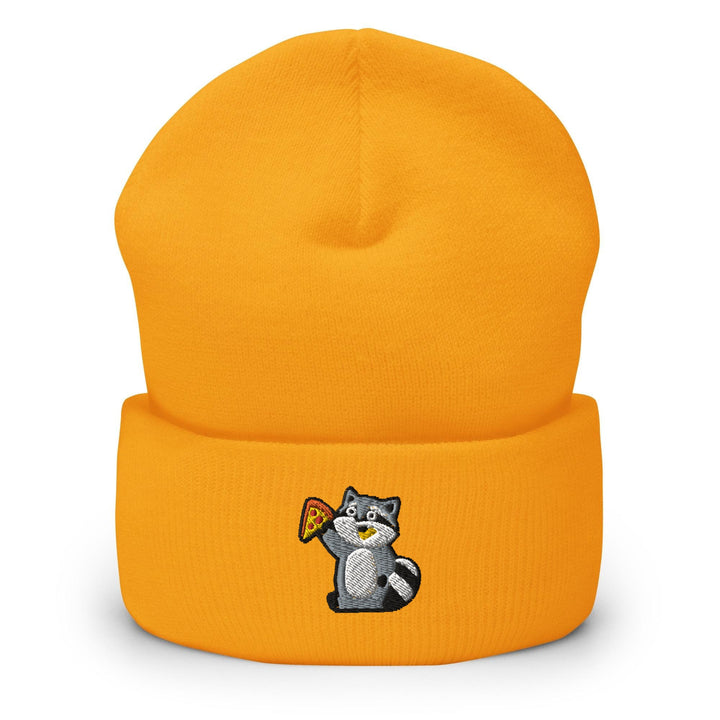 a yellow hat with a raccoon on it