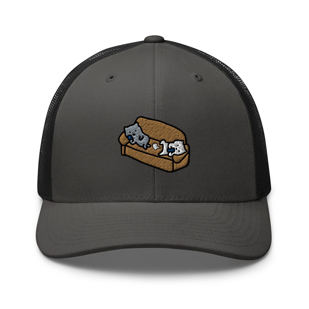 a gray and black trucker hat with two cats on it