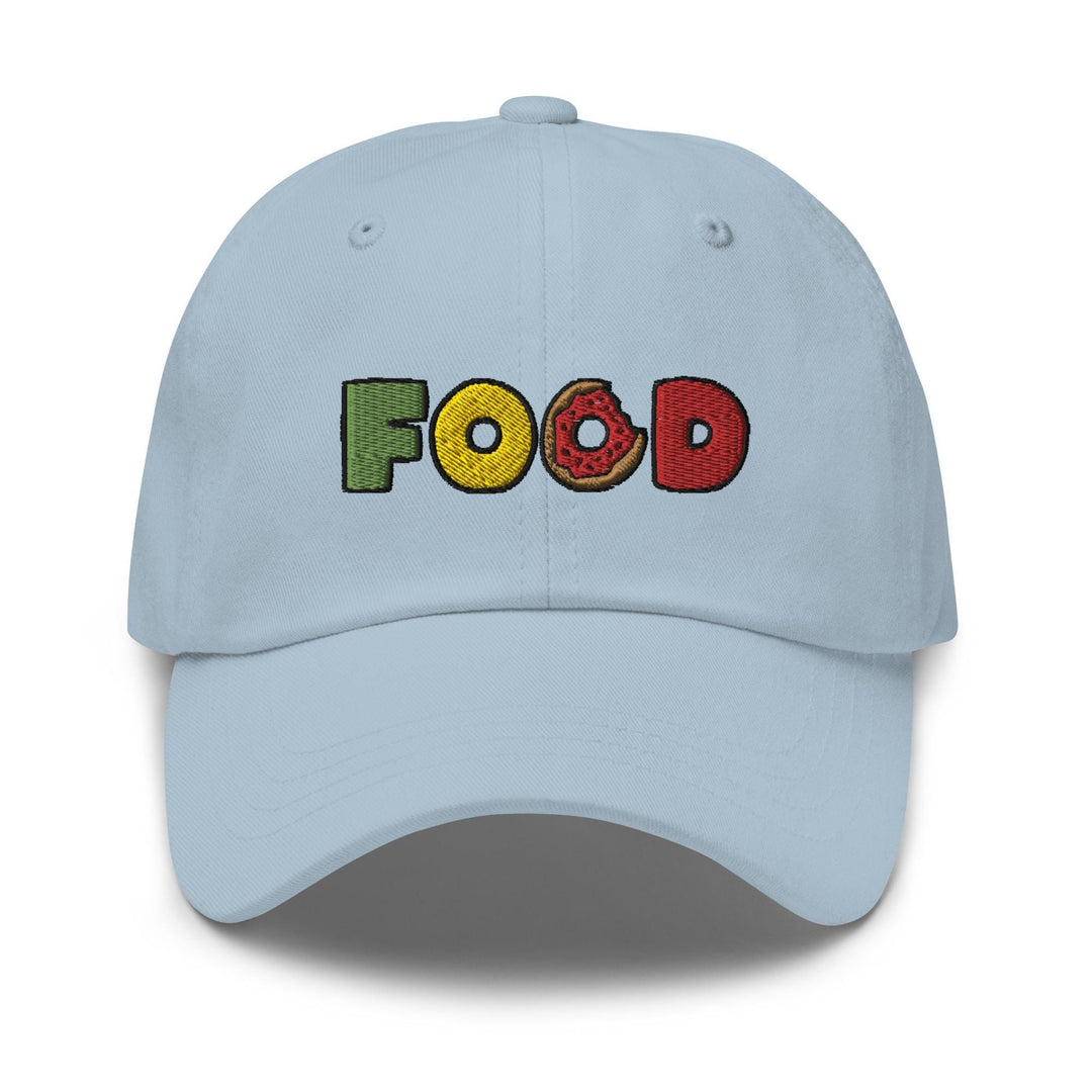 a light blue hat with the word food printed on it