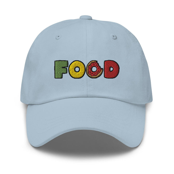 a light blue hat with the word food printed on it