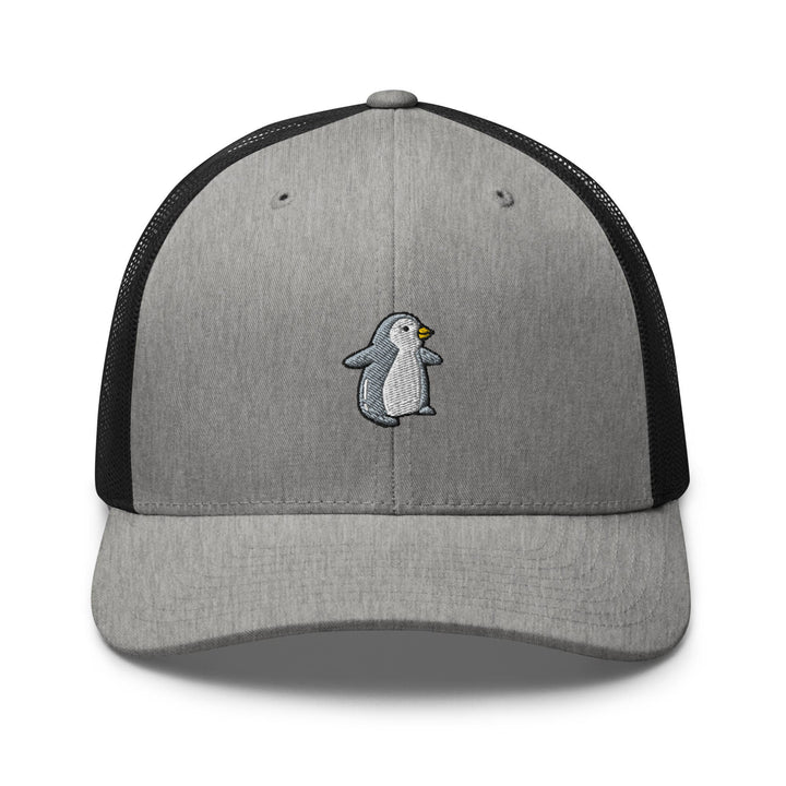 a grey and black hat with a penguin embroidered on it