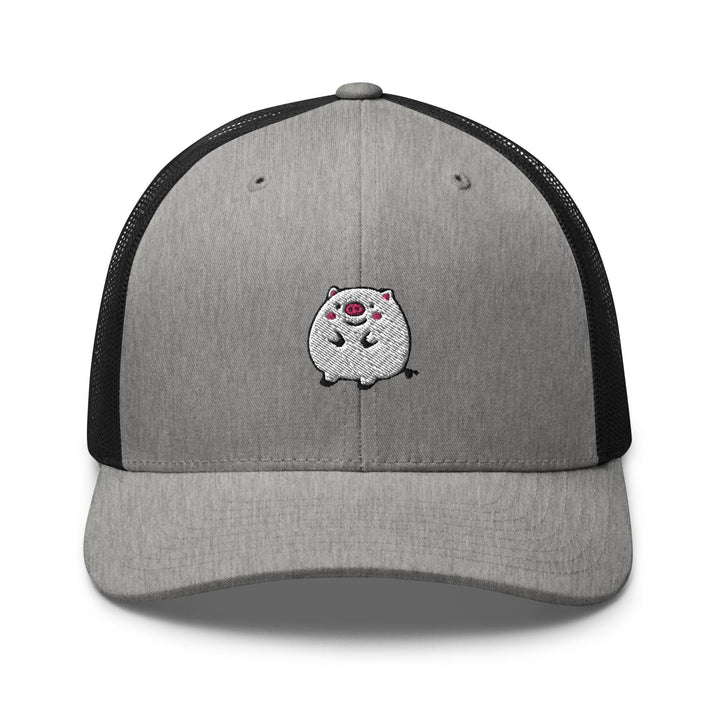 a gray and black hat with a white cat on it