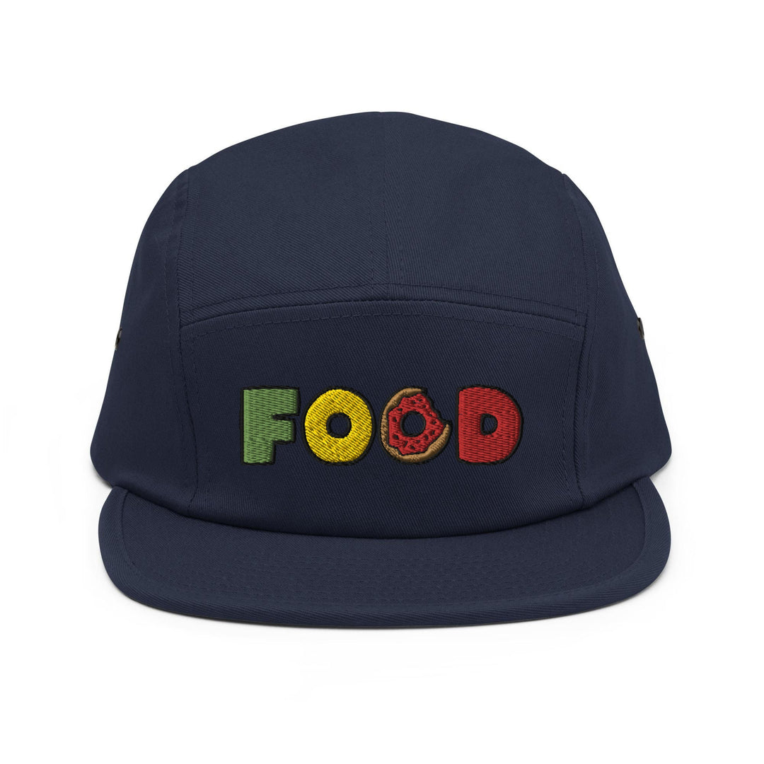 a blue hat with the word food embroidered on it