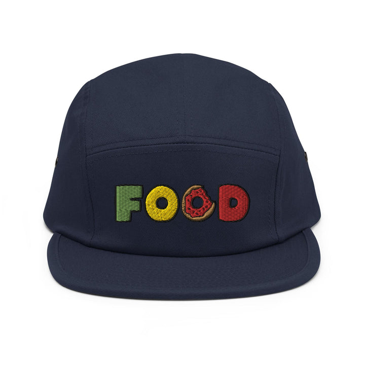 a blue hat with the word food embroidered on it