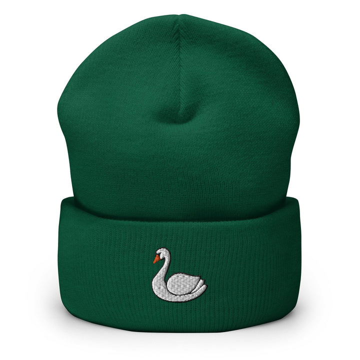 a green beanie with a white swan on it