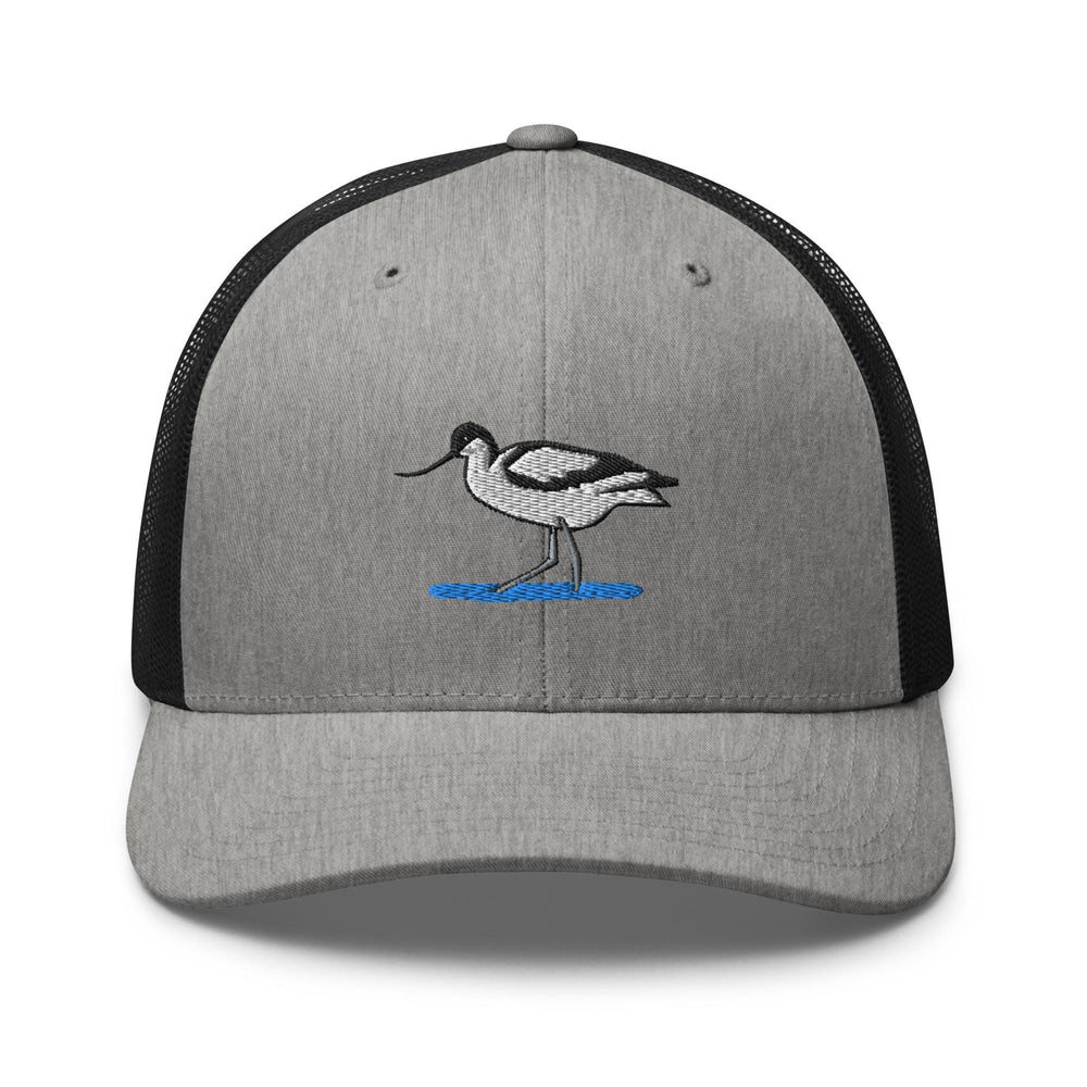 a grey and black hat with a bird on it