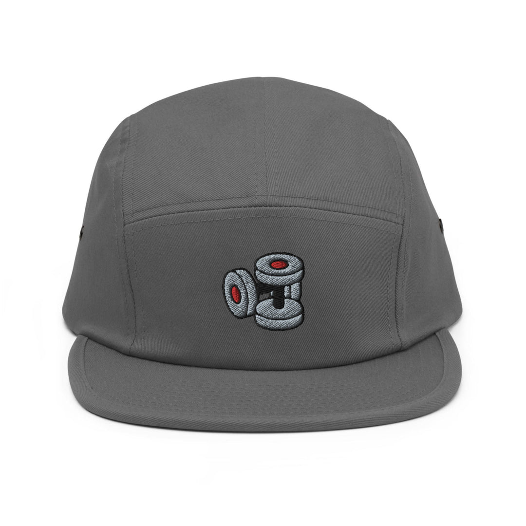 a grey hat with a camera embroidered on it