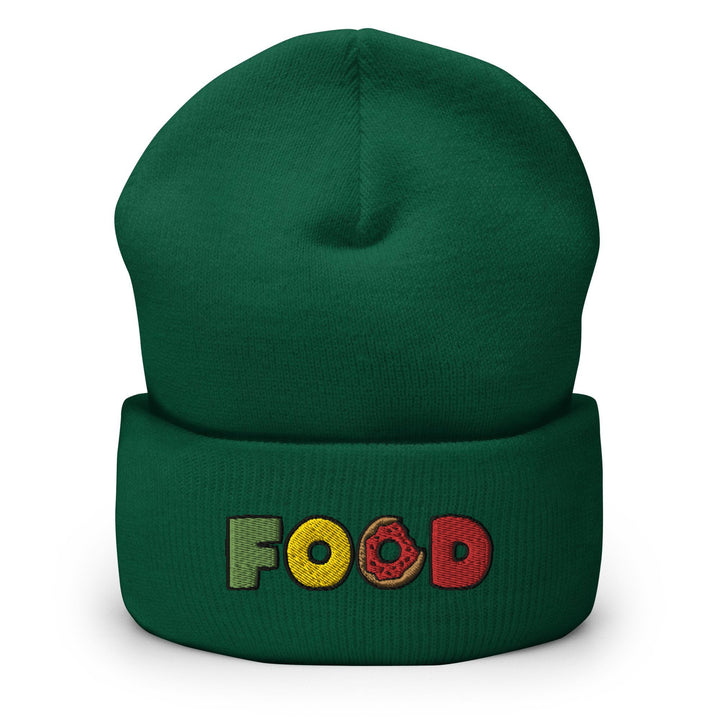 a green beanie with the word food on it