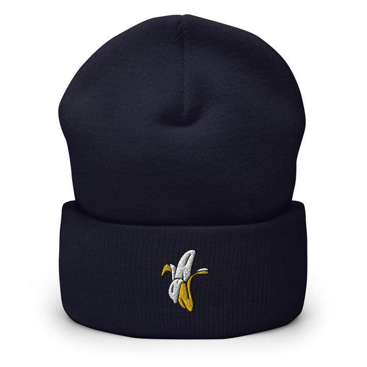 a beanie with a banana embroidered on it