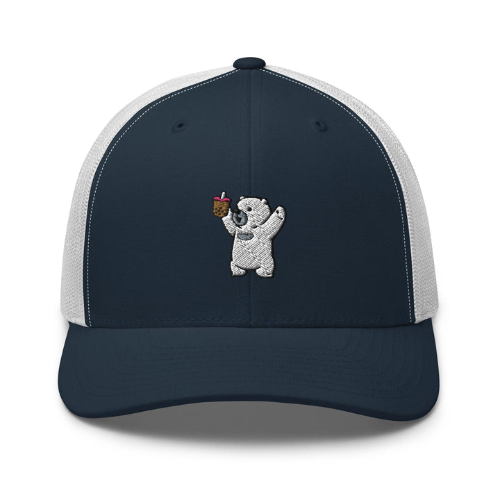 a blue and white trucker hat with a white bear holding a glass of wine