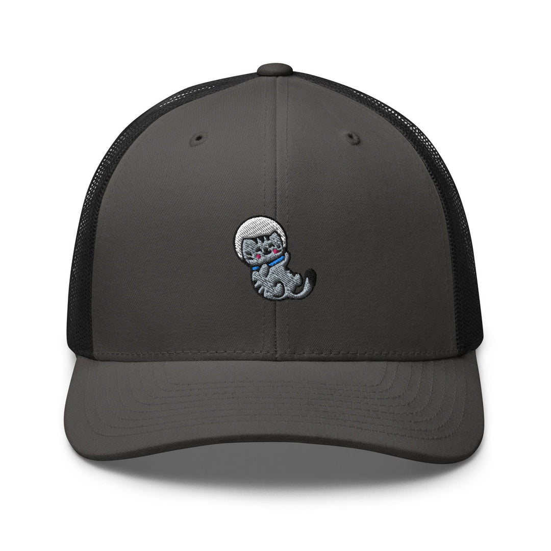 a gray and black trucker hat with a cartoon cat