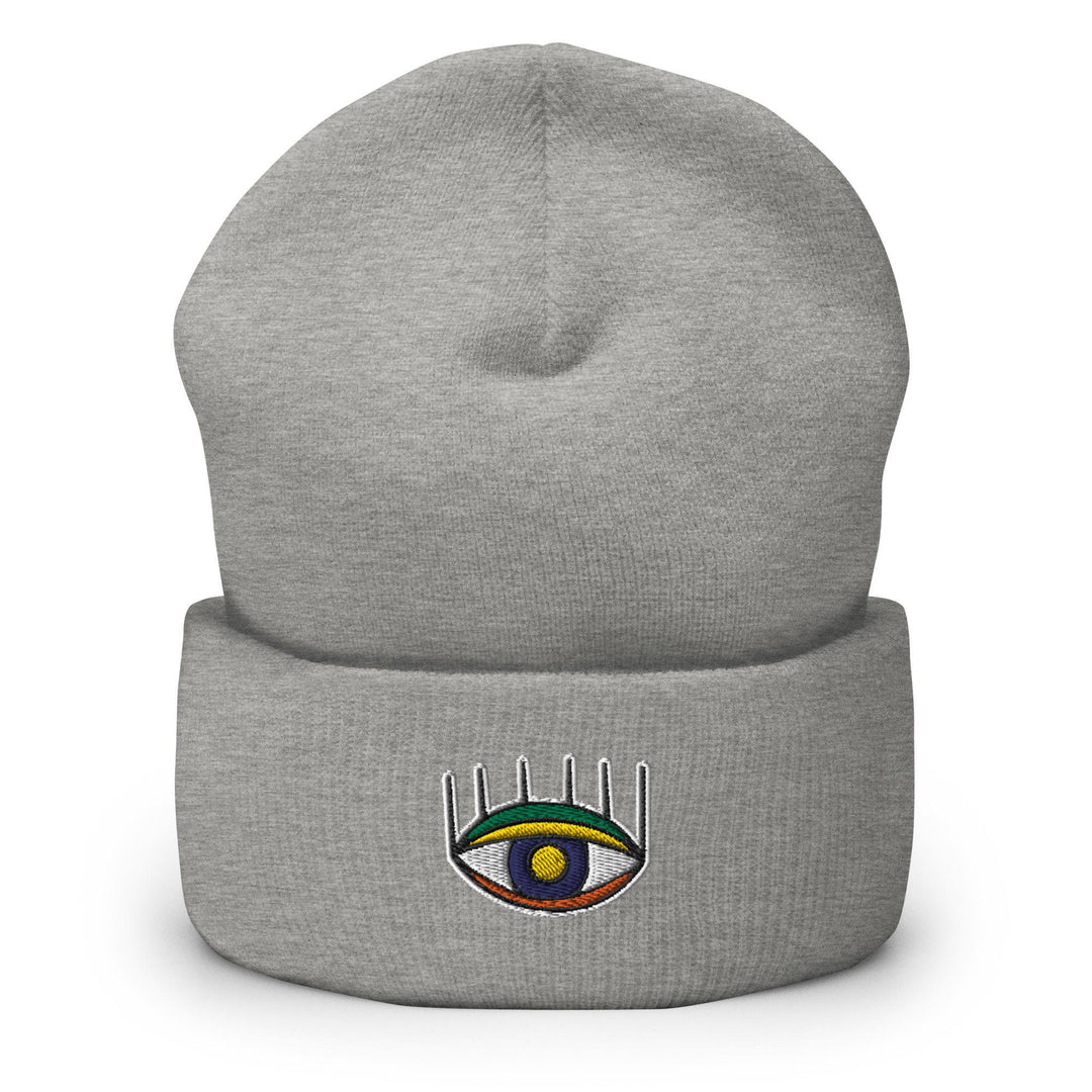 a grey beanie with a colorful eye on it
