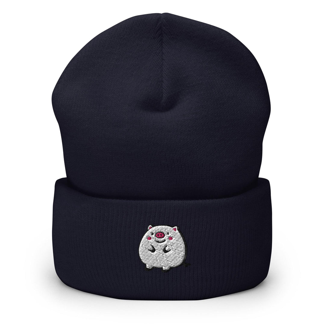 a black beanie with a white bear on it