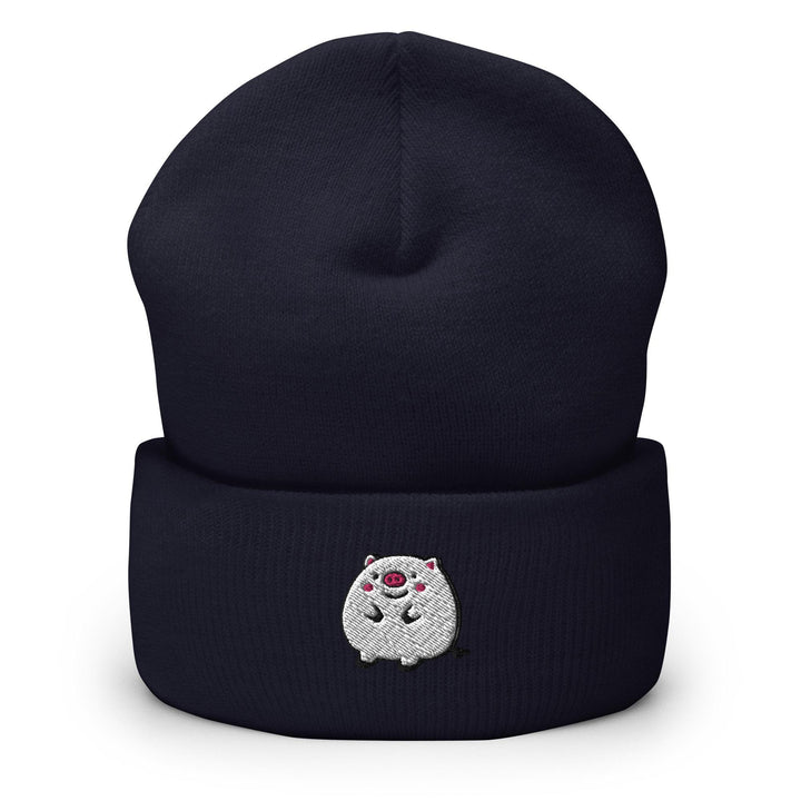 a black beanie with a white bear on it