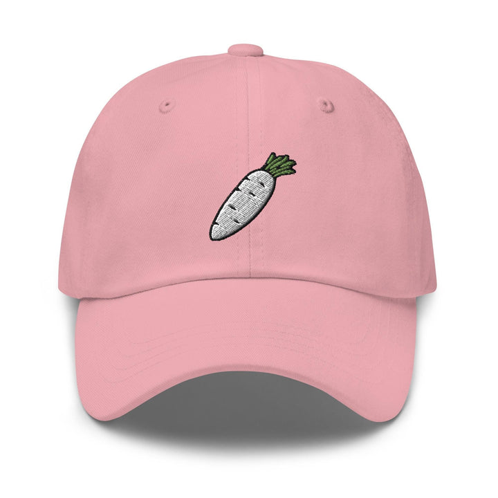a pink hat with a carrot embroidered on it