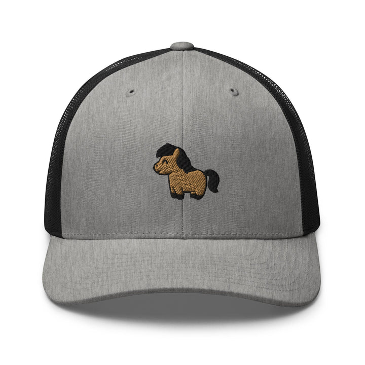 a gray and black hat with a dog embroidered on it
