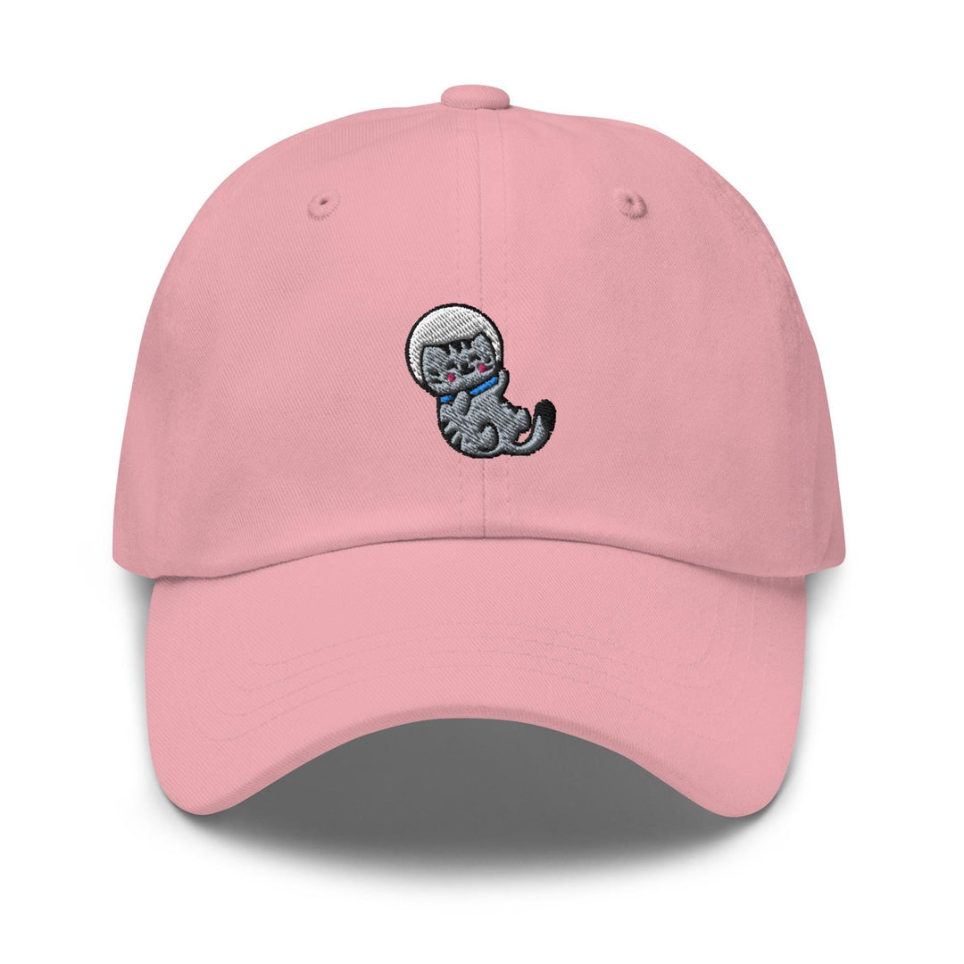 a pink hat with a cartoon cat on it