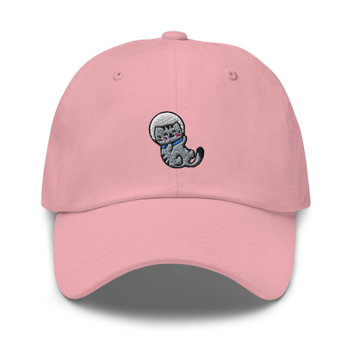 a pink hat with a cartoon cat on it