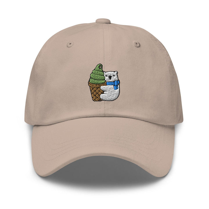 a baseball cap with an image of a polar bear holding an ice cream cone